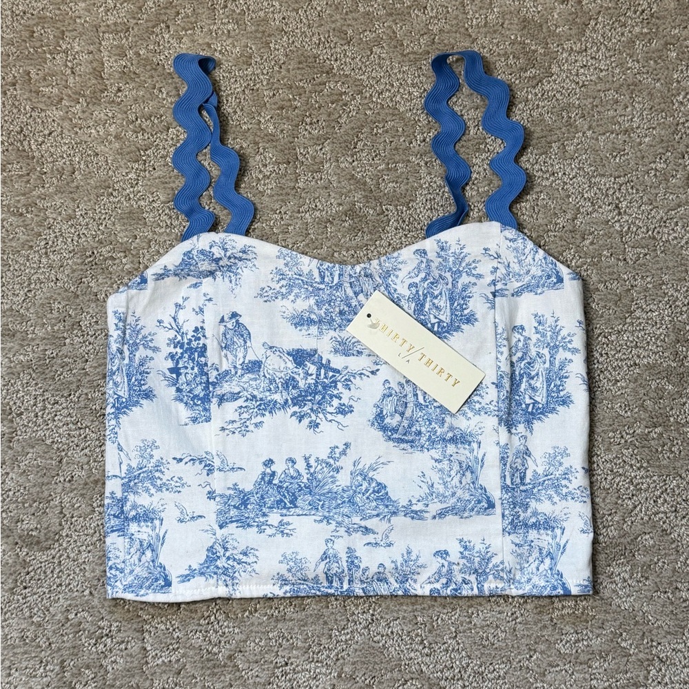 NWT Blue Toile Crop Top with Scalloped Blue Straps by Thirty Thirty